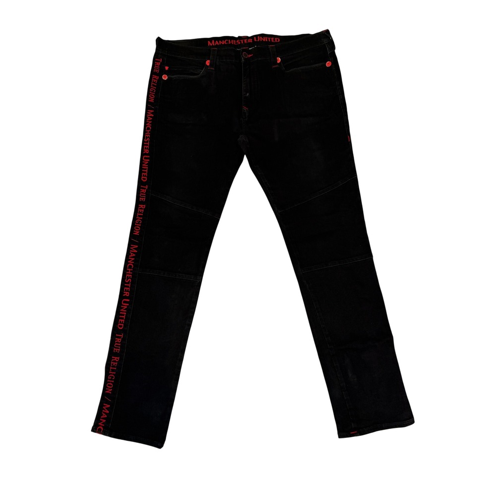 True Religion Manchester United Jeans Mens 40 Black Red Tape Logo Straight Leg